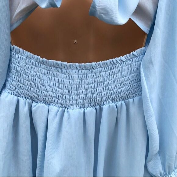 NWT Exlura Baby Blue Mini Dress Lantern Sleeves Tie Back Ruched Waist Size M - Picture 4 of 8